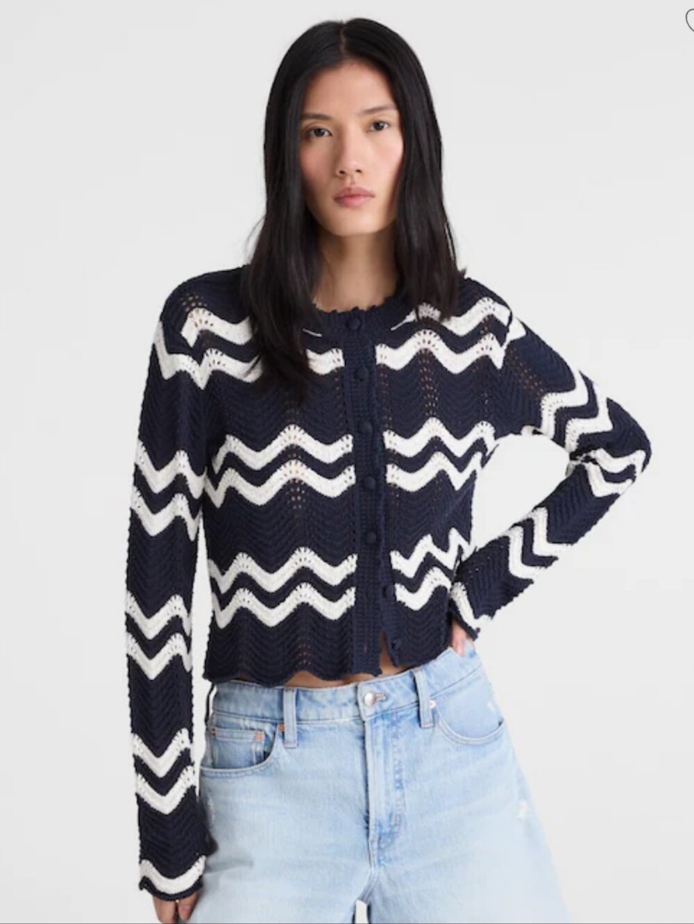 Madewell Wavy-Knit Cardigan navy and ivory wavy stripe Size L OA212 100% Cotton